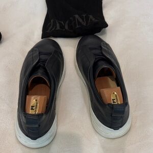 Zegna Navy Leather Slip-On Loafers Triple Stitch Deerskin Sneakers